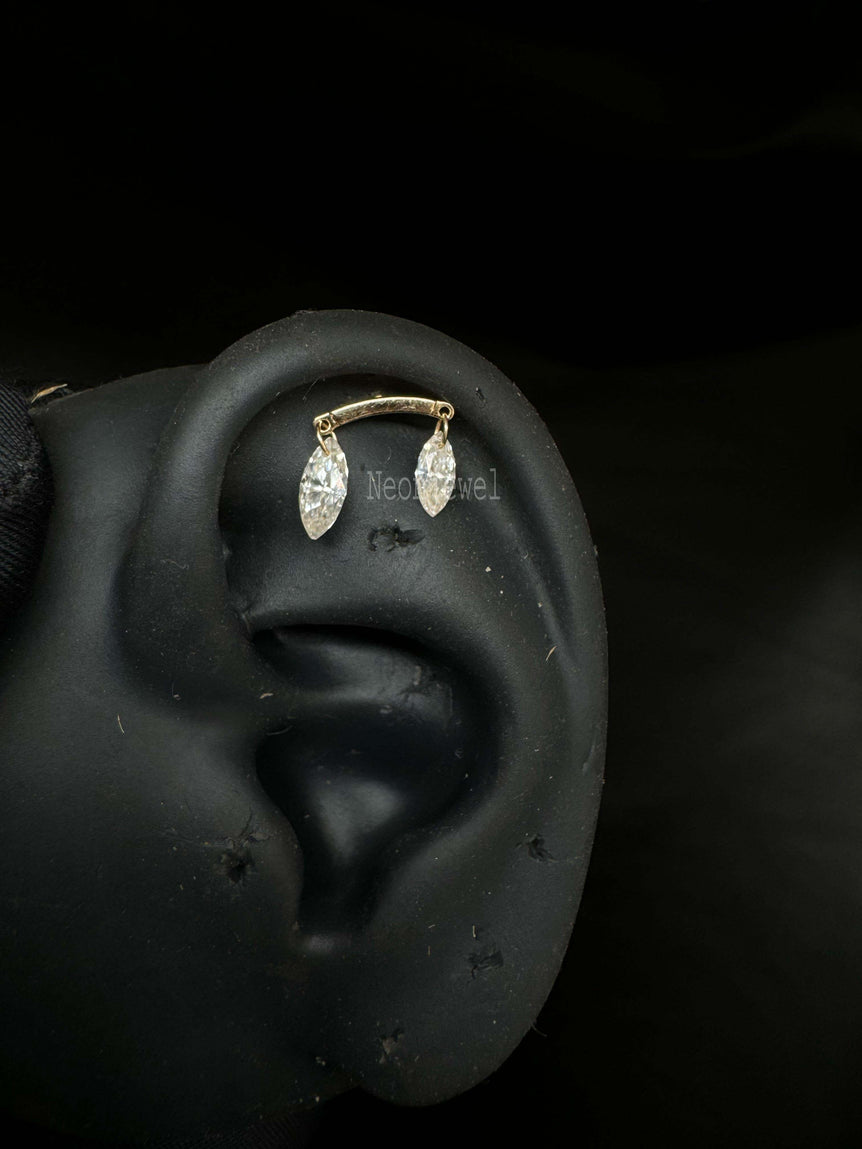 Margaret Floating Double Marquise Diamond Drape Threaded Stud Earring 14k Solid Yellow Gold Stud