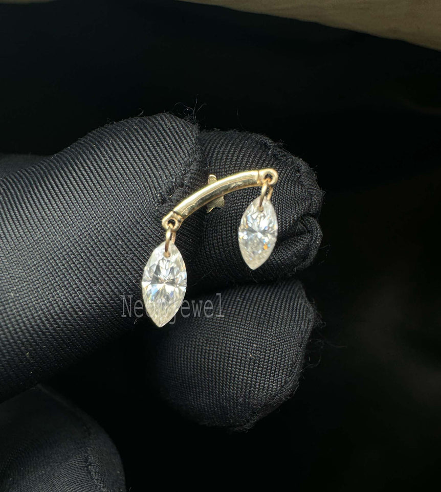 Margaret Floating Double Marquise Diamond Drape Threaded Stud Earring 14k Solid Yellow Gold Stud