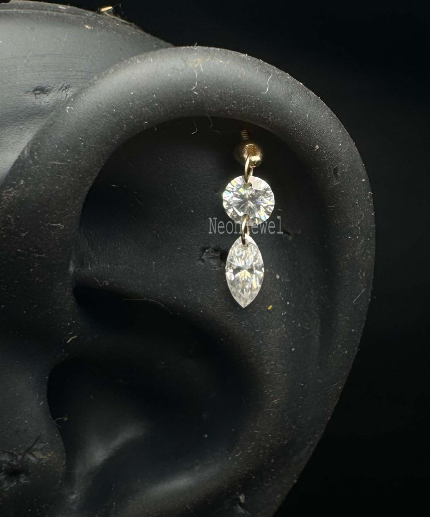 Floating Double Diamond Threaded Charm Earring 10k Gold Marquise & Round Dangle Diamond Stud Double Diamond Helix Flat Ear Set Up Stud