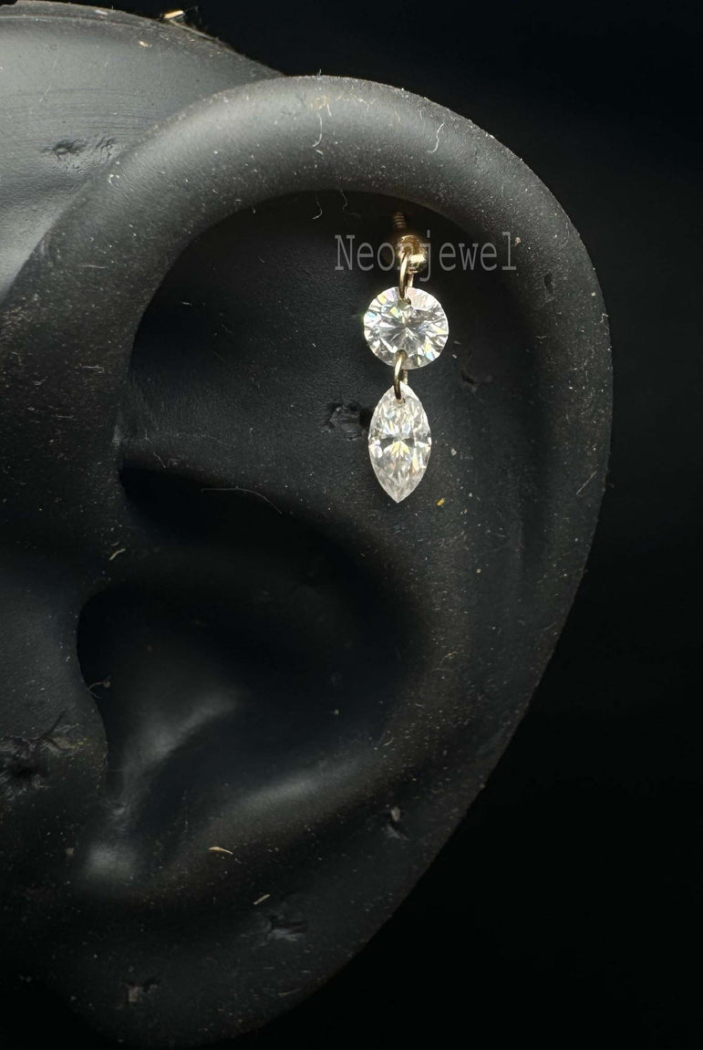 Floating Double Diamond Threaded Charm Earring 10k Gold Marquise & Round Dangle Diamond Stud Double Diamond Helix Flat Ear Set Up Stud