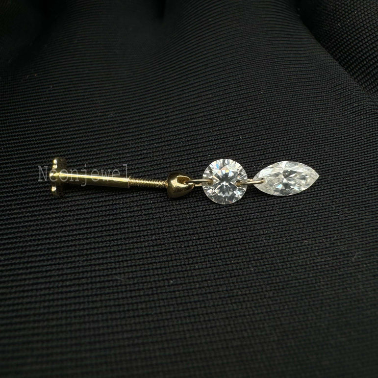 Floating Double Diamond Threaded Charm Earring 10k Gold Marquise & Round Dangle Diamond Stud Double Diamond Helix Flat Ear Set Up Stud
