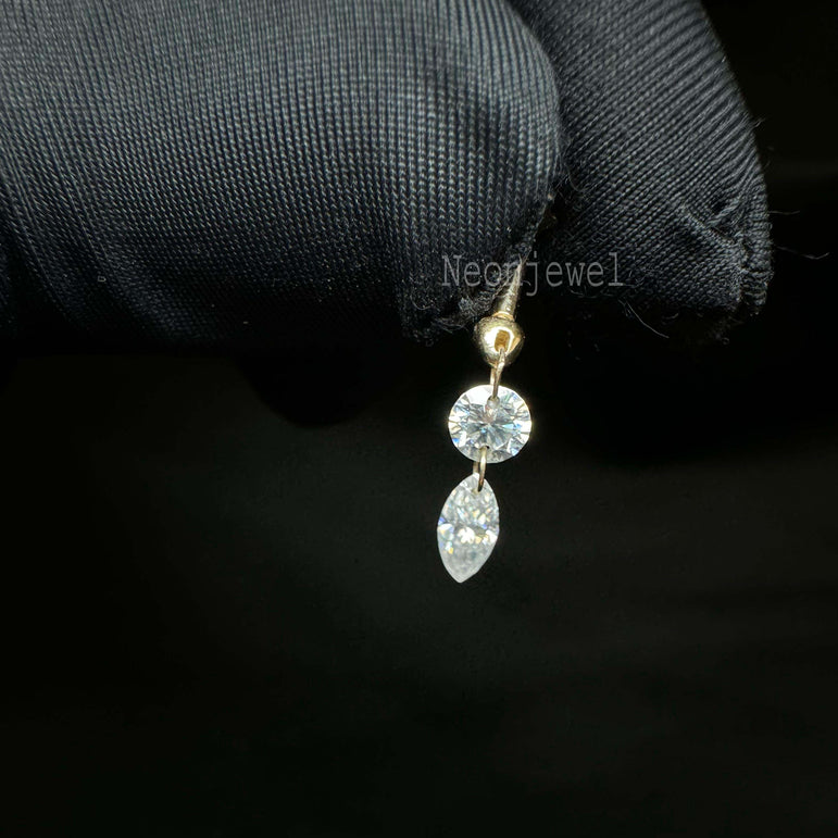 Floating Double Diamond Threaded Charm Earring 10k Gold Marquise & Round Dangle Diamond Stud Double Diamond Helix Flat Ear Set Up Stud
