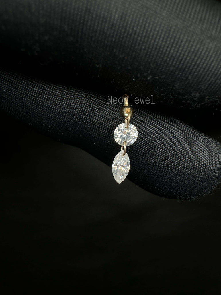 Floating Double Diamond Threaded Charm Earring 10k Gold Marquise & Round Dangle Diamond Stud Double Diamond Helix Flat Ear Set Up Stud