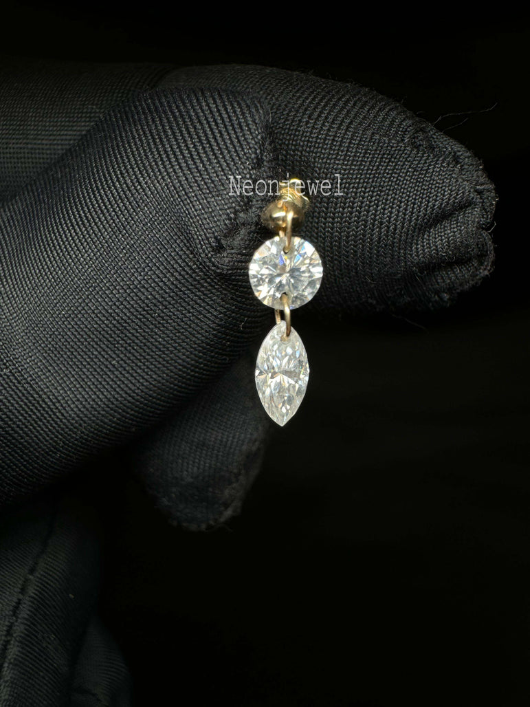 Floating Double Diamond Threaded Charm Earring 10k Gold Marquise & Round Dangle Diamond Stud Double Diamond Helix Flat Ear Set Up Stud
