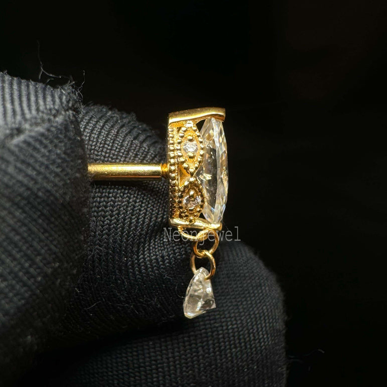 Adeline Single Teardrop Marquise Diamond Threaded Stud Earring 14K Gold Stud Earring Pear Dangle Drop Piercing