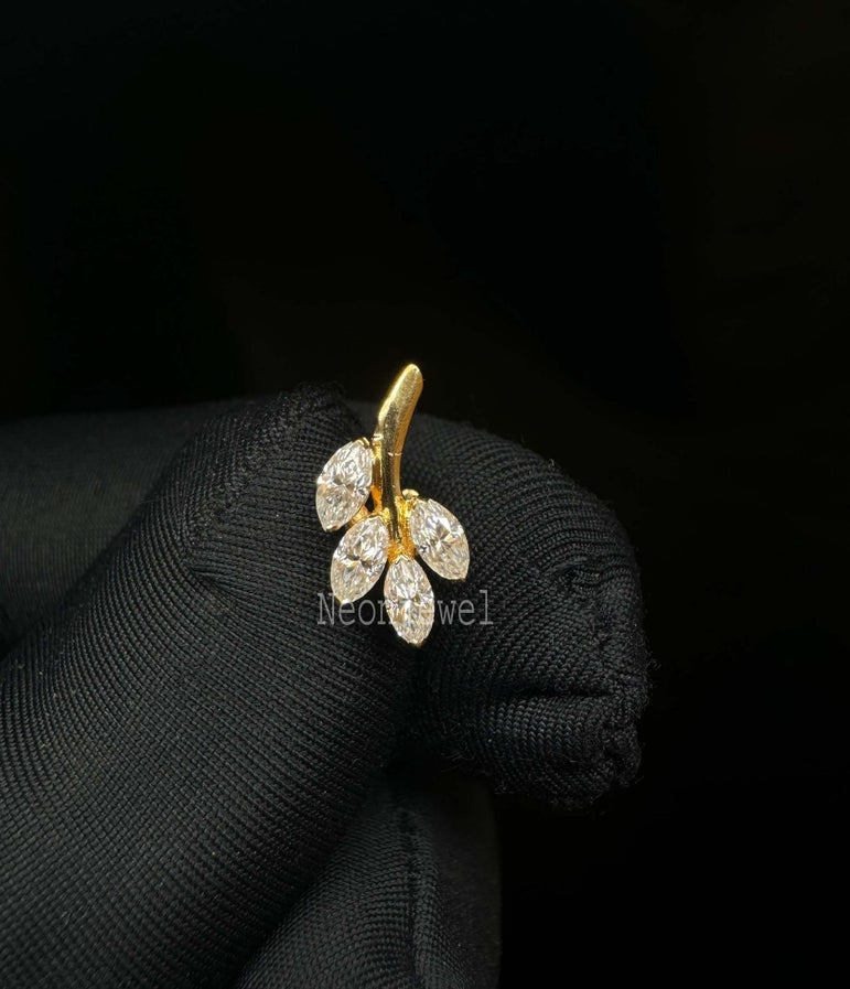 Gioia Tiny Leaf With Marquise Diamond Earring 14K Solid Gold Leaf Helix Earring Cartilage Piercing Marquise Diamond Daith Piercing (Single)