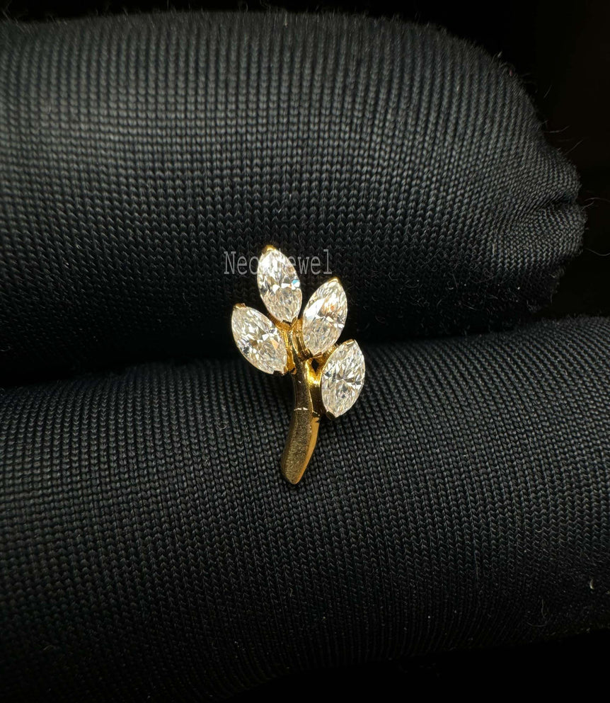 Gioia Tiny Leaf With Marquise Diamond Earring 14K Solid Gold Leaf Helix Earring Cartilage Piercing Marquise Diamond Daith Piercing (Single)