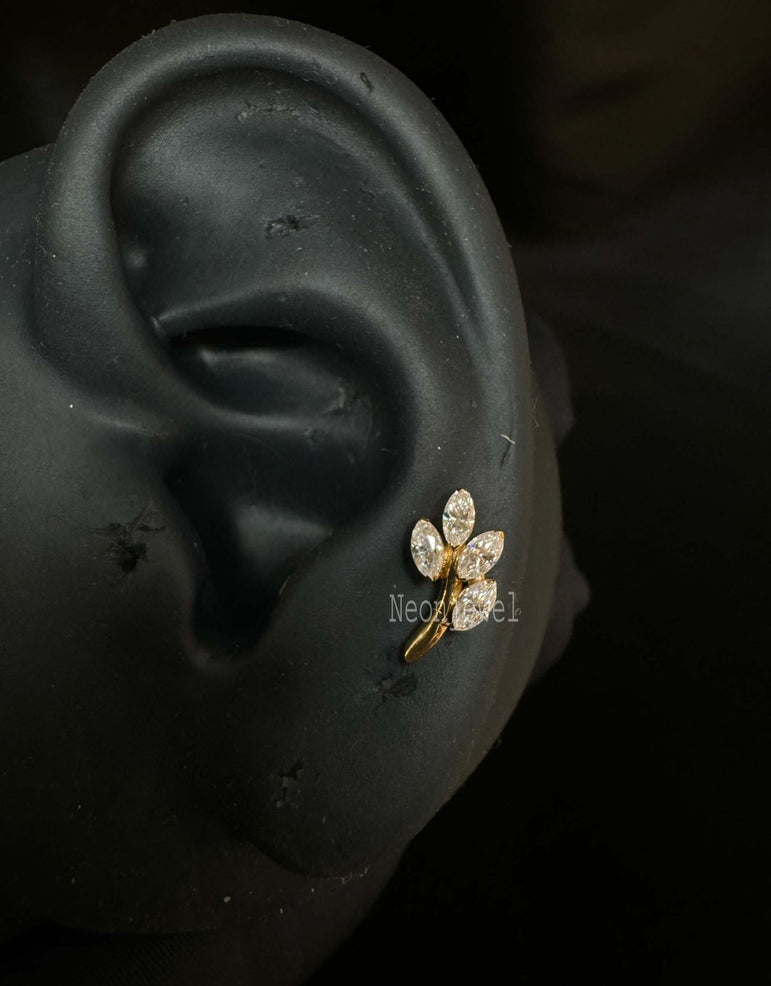 Gioia Tiny Leaf With Marquise Diamond Earring 14K Solid Gold Leaf Helix Earring Cartilage Piercing Marquise Diamond Daith Piercing (Single)