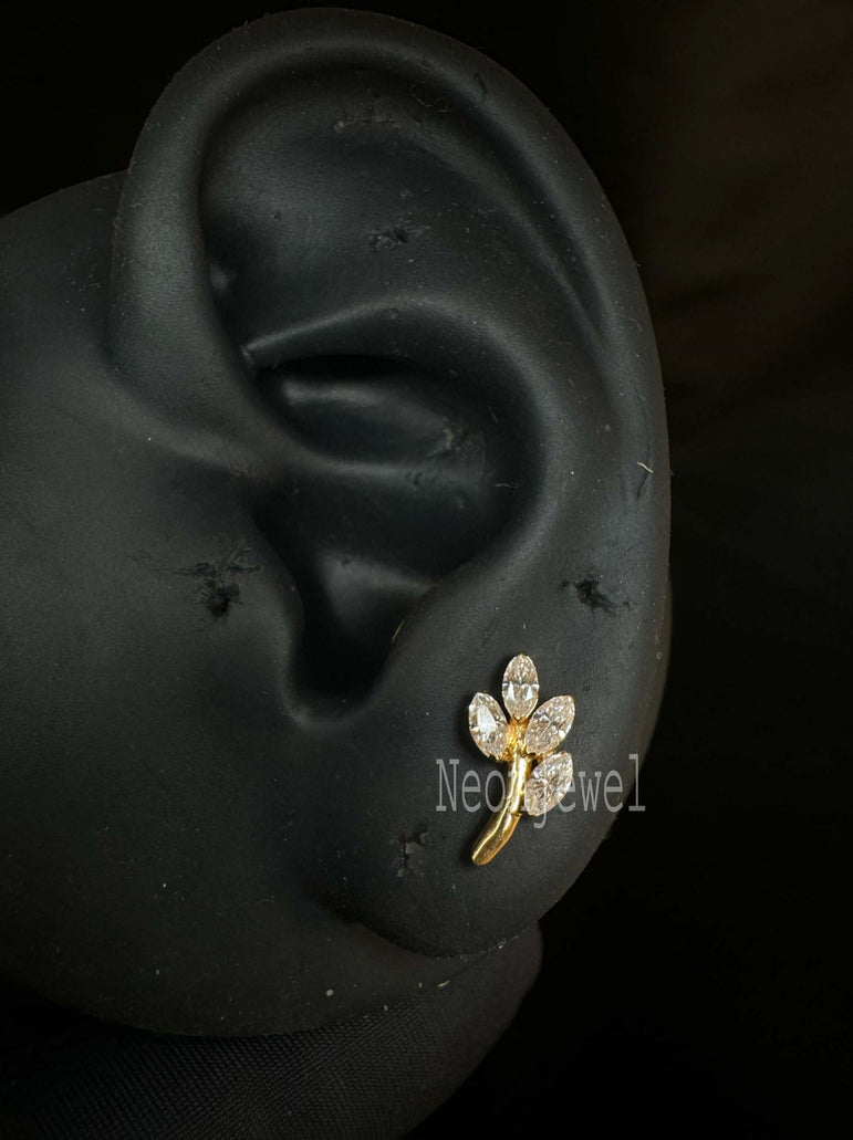 Gioia Tiny Leaf With Marquise Diamond Earring 14K Solid Gold Leaf Helix Earring Cartilage Piercing Marquise Diamond Daith Piercing (Single)