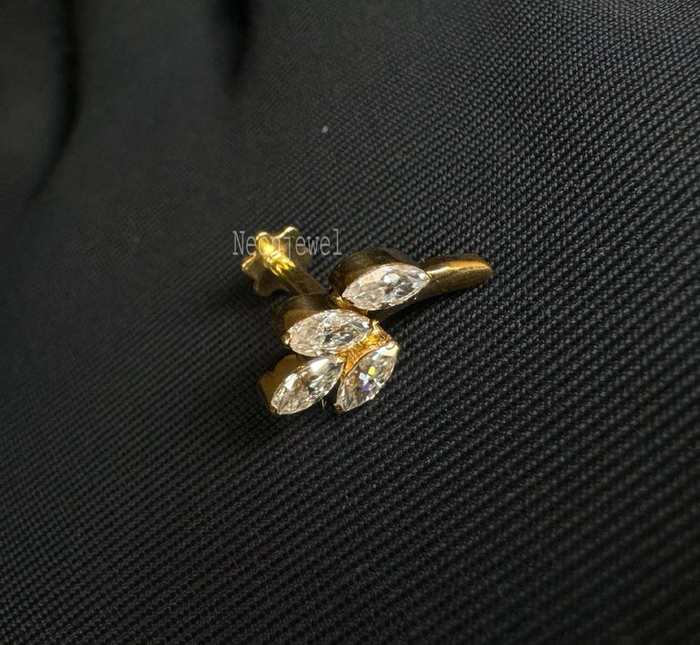 Gioia Tiny Leaf With Marquise Diamond Earring 14K Solid Gold Leaf Helix Earring Cartilage Piercing Marquise Diamond Daith Piercing (Single)