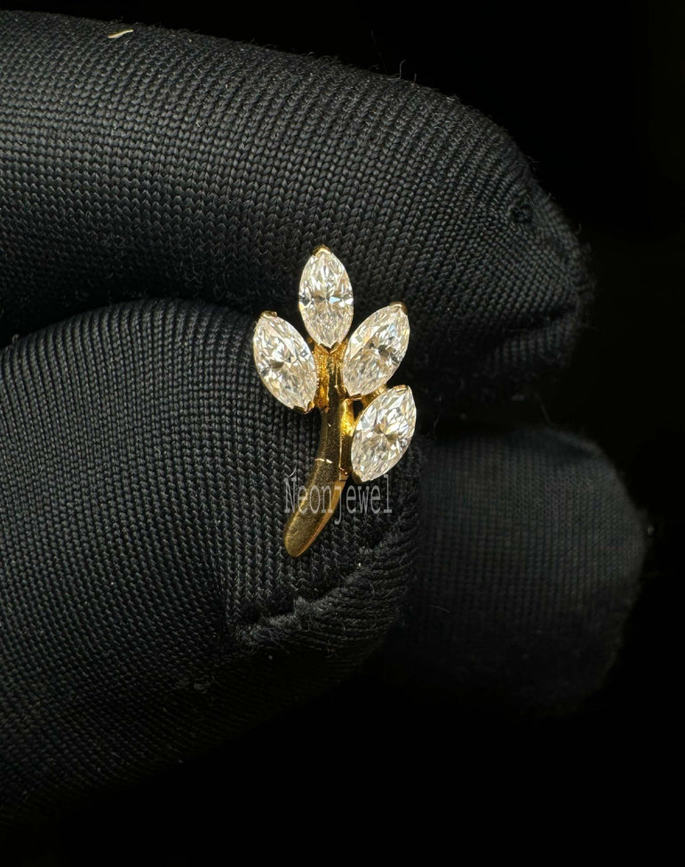 Gioia Tiny Leaf With Marquise Diamond Earring 14K Solid Gold Leaf Helix Earring Cartilage Piercing Marquise Diamond Daith Piercing (Single)