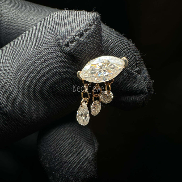 14K Gold Stud Earring Triple Teardrop Marquise Diamond Threaded Stud Earring Dangling Drop Pear Piercing