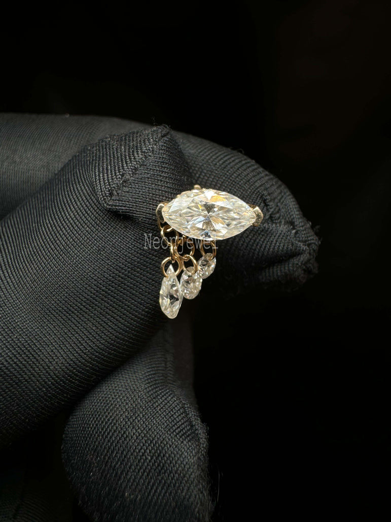 14K Gold Stud Earring Triple Teardrop Marquise Diamond Threaded Stud Earring Dangling Drop Pear Piercing