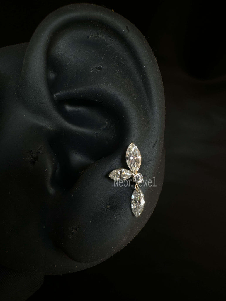 14k Gold Drop Dangle Ear Piercing Marquise Pear Diamond Echo Threaded Stud, Double Pear Flat Back Stud, Party Wear Jewelry For Her