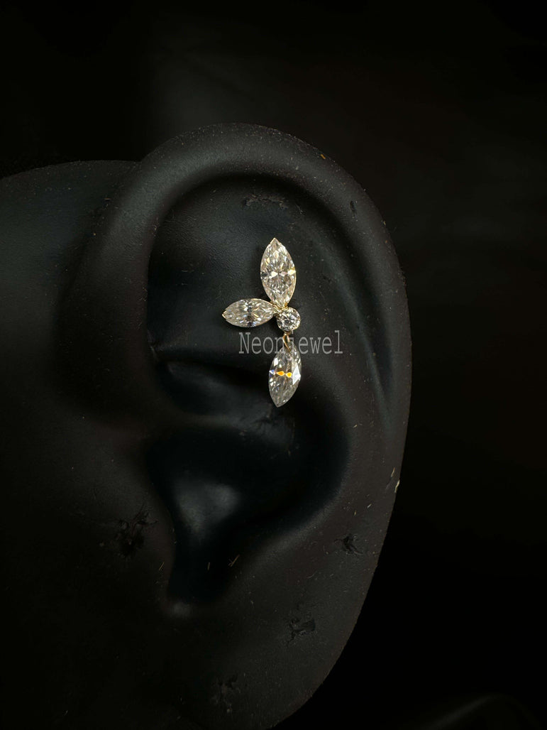 14k Gold Drop Dangle Ear Piercing Marquise Pear Diamond Echo Threaded Stud, Double Pear Flat Back Stud, Party Wear Jewelry For Her