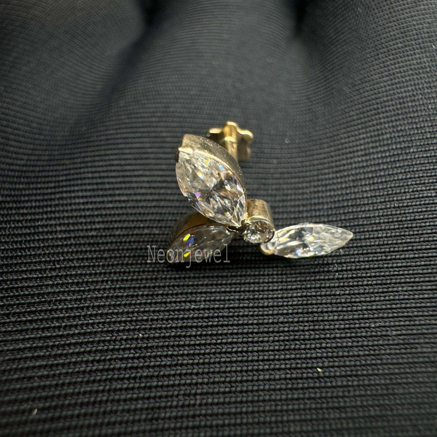 14k Gold Drop Dangle Ear Piercing Marquise Pear Diamond Echo Threaded Stud, Double Pear Flat Back Stud, Party Wear Jewelry For Her