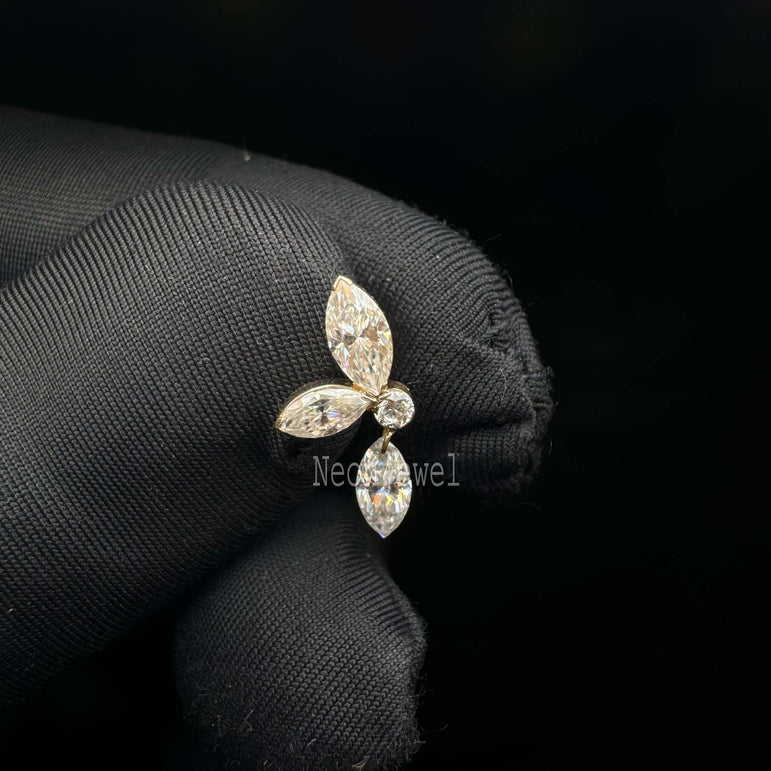 14k Gold Drop Dangle Ear Piercing Marquise Pear Diamond Echo Threaded Stud, Double Pear Flat Back Stud, Party Wear Jewelry For Her