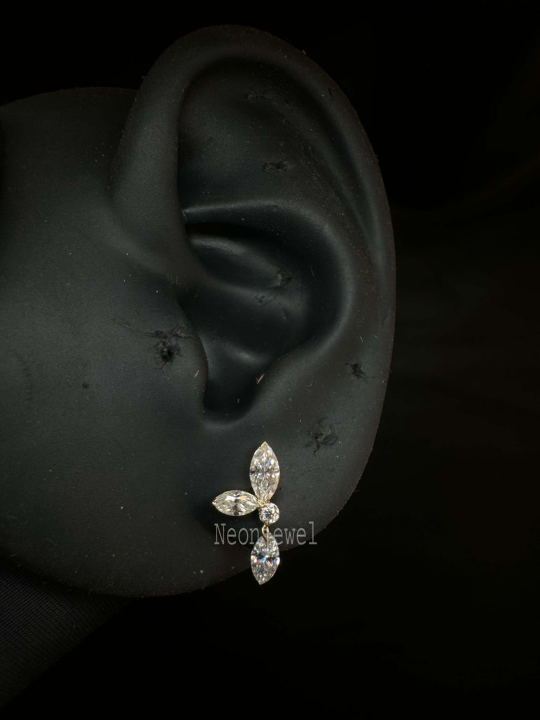 14k Gold Drop Dangle Ear Piercing Marquise Pear Diamond Echo Threaded Stud, Double Pear Flat Back Stud, Party Wear Jewelry For Her
