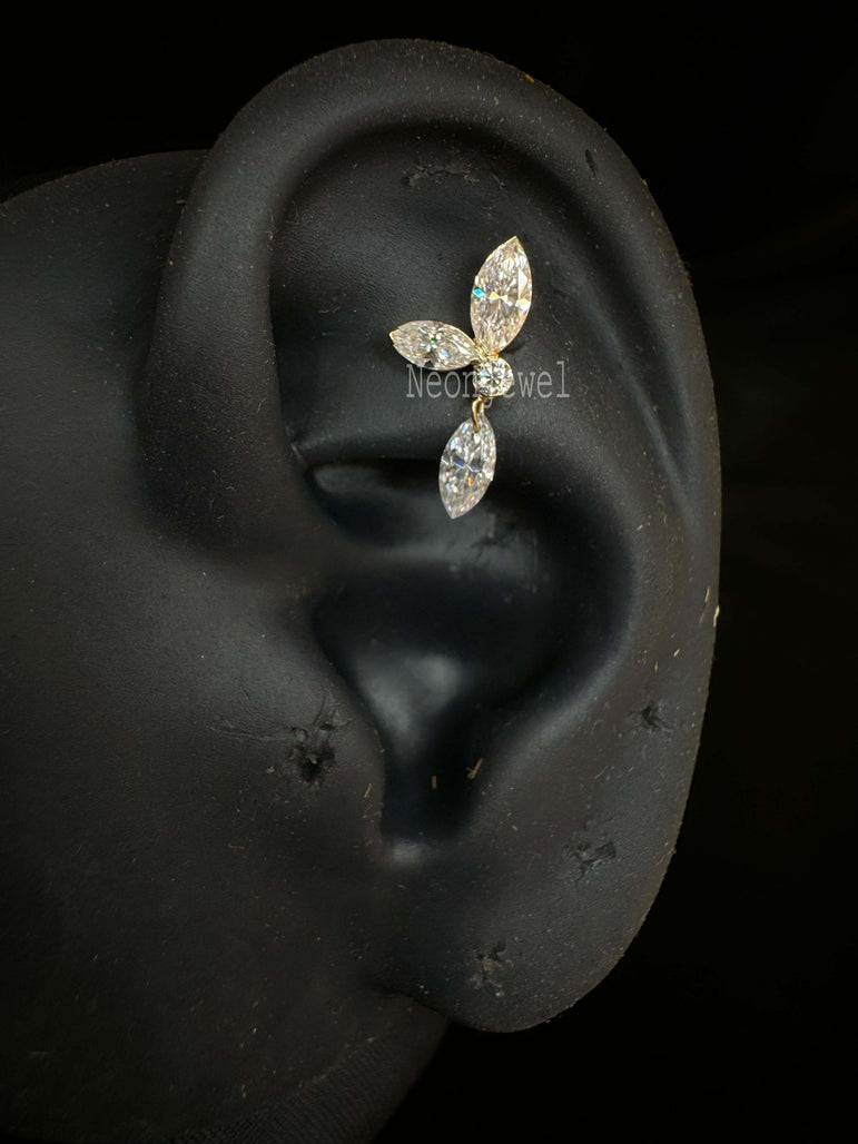 14k Gold Drop Dangle Ear Piercing Marquise Pear Diamond Echo Threaded Stud, Double Pear Flat Back Stud, Party Wear Jewelry For Her