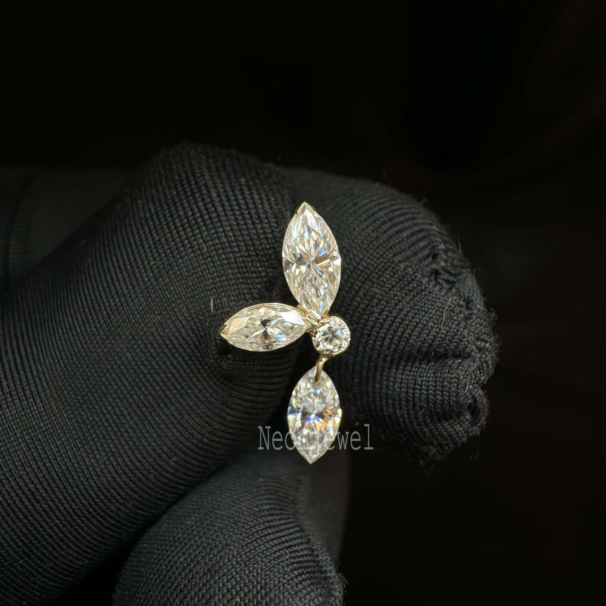 14k Gold Drop Dangle Ear Piercing Marquise Pear Diamond Echo Threaded Stud, Double Pear Flat Back Stud, Party Wear Jewelry For Her