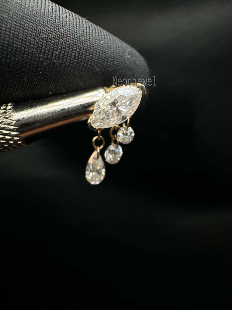 14K Gold Stud Earring Triple Teardrop Marquise Diamond Threaded Stud Earring Dangling Drop Pear Piercing