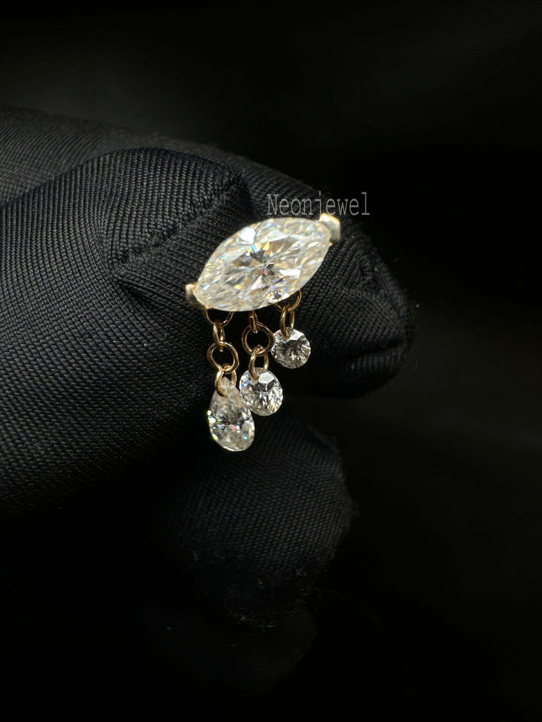 14K Gold Stud Earring Triple Teardrop Marquise Diamond Threaded Stud Earring Dangling Drop Pear Piercing