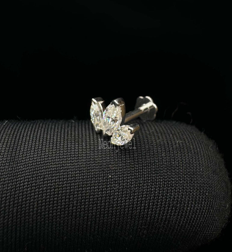 Diamond Engraved Lotus Threaded Stud Earring Invisible Set Stud Earring Three Leaf Stud 14K Solid Gold