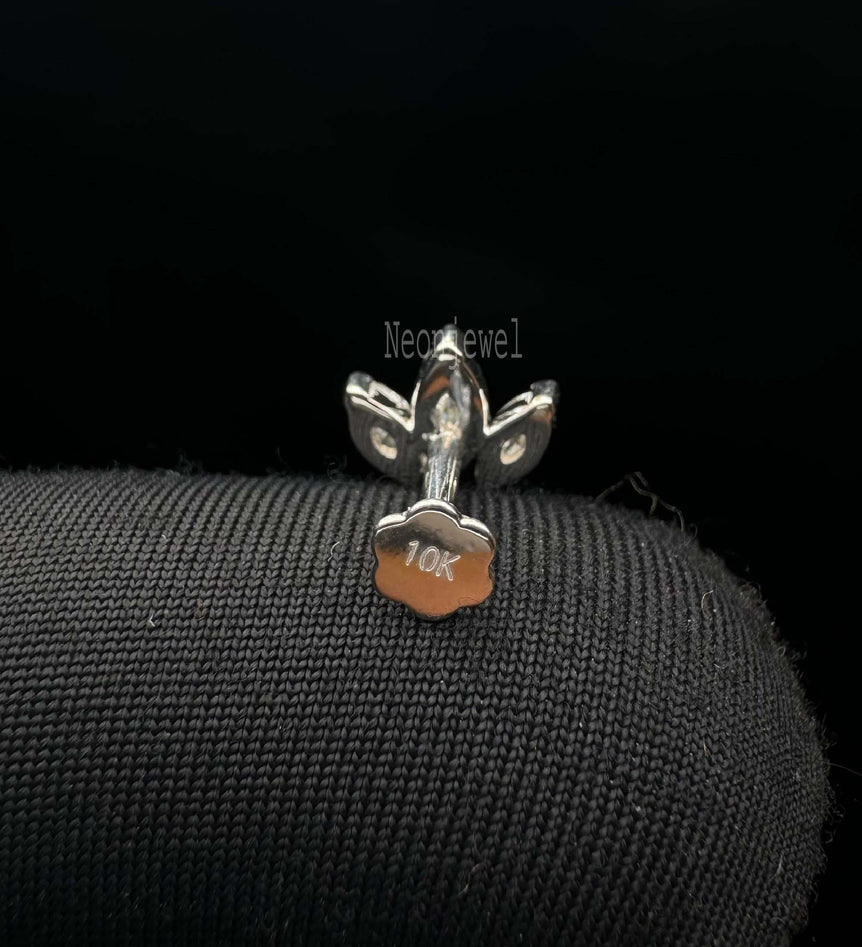 Diamond Engraved Lotus Threaded Stud Earring Invisible Set Stud Earring Three Leaf Stud 14K Solid Gold