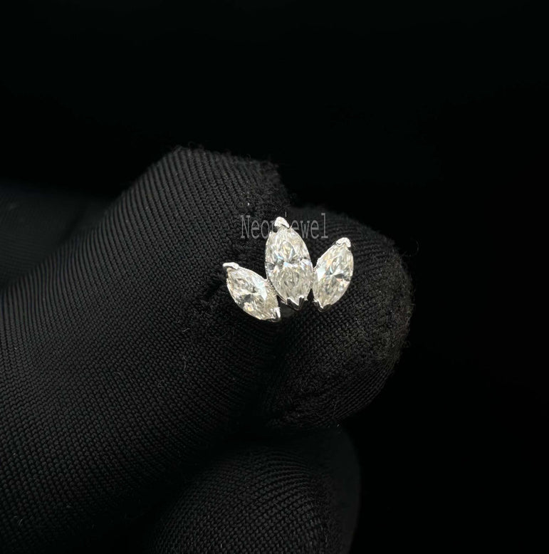 Diamond Engraved Lotus Threaded Stud Earring Invisible Set Stud Earring Three Leaf Stud 14K Solid Gold