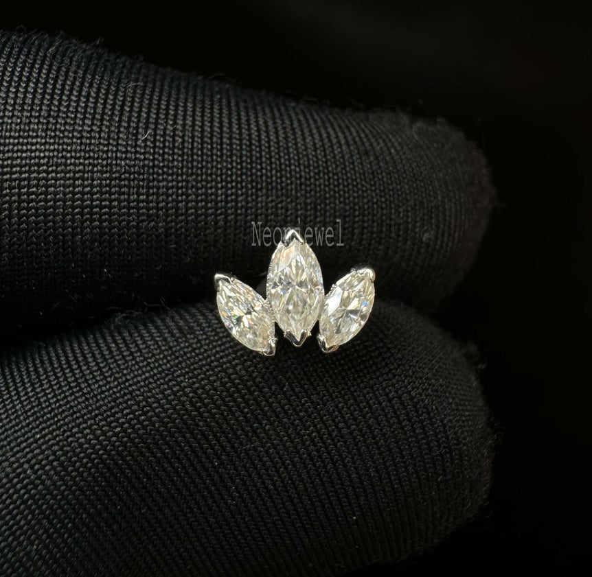 Diamond Engraved Lotus Threaded Stud Earring Invisible Set Stud Earring Three Leaf Stud 14K Solid Gold