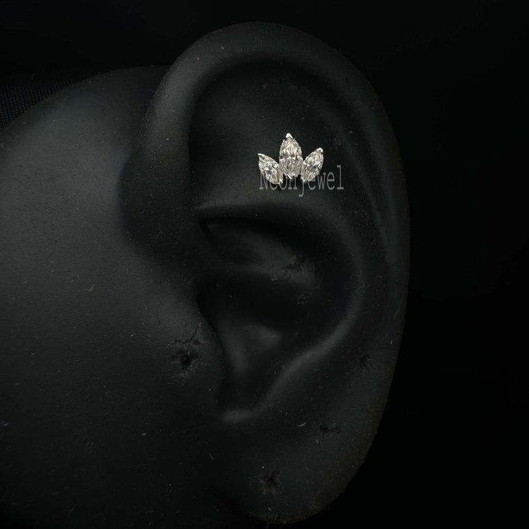 Diamond Engraved Lotus Threaded Stud Earring Invisible Set Stud Earring Three Leaf Stud 14K Solid Gold