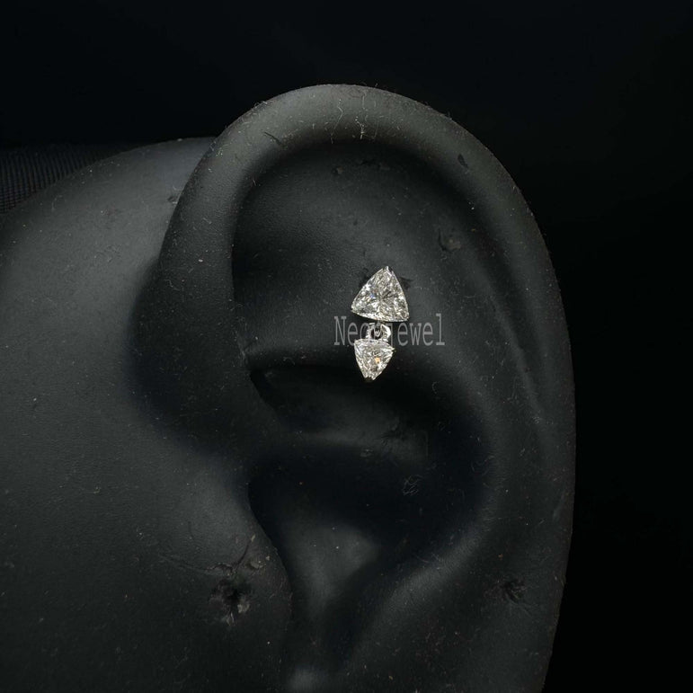 Invisible Set Triangle Diamond Dangle Threaded Earring 14k Solid Gold Stud Inverted Pyramid Tragus Helix Lobe Jewelry