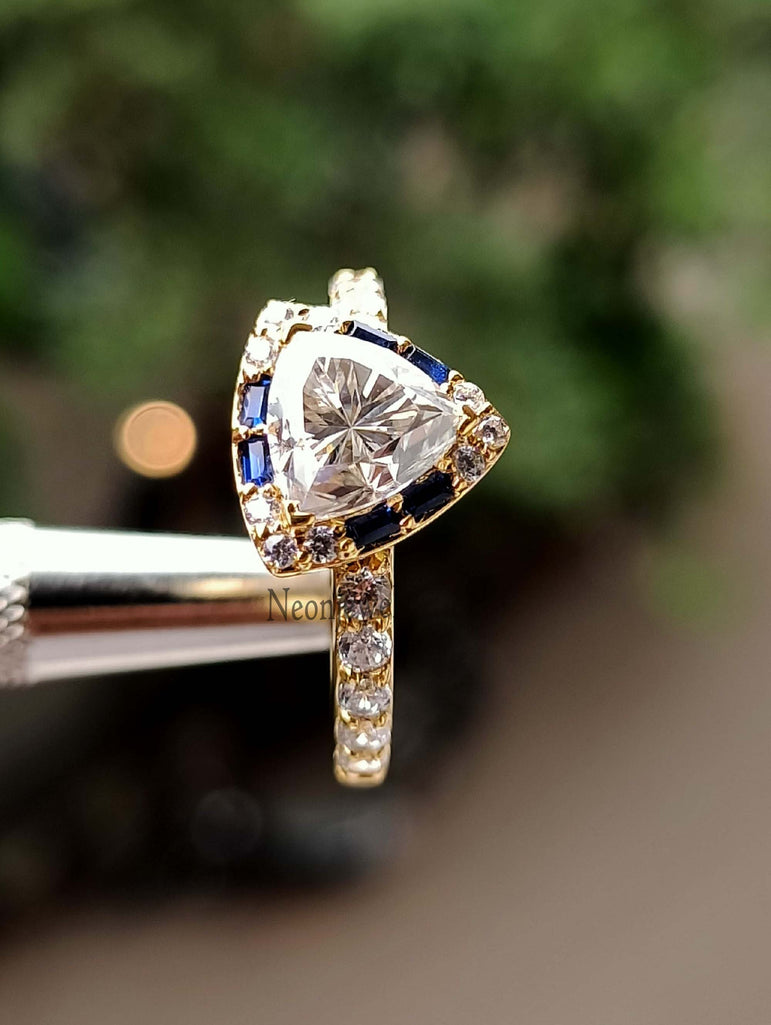 Blue Sapphire Engagement Ring 1.80 Ct Colorless Trillion Moissanite Halo Wedding Ring With 14K Solid Yellow Gold
