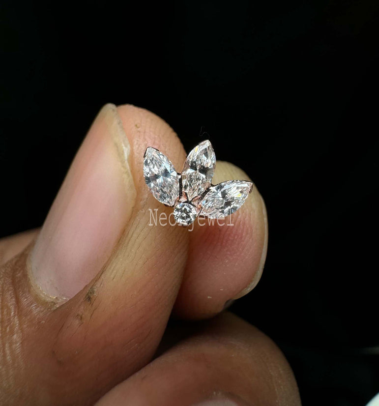 Invisible Set Diamond Lotus Stud Earring Marquise Diamond Earring Diamond Piercing For Her 10K Solid Gold Marquise Daith Stud
