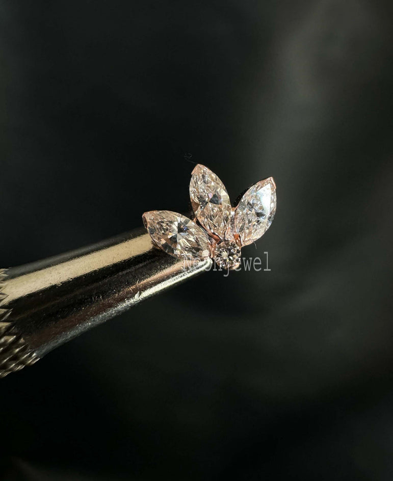 Invisible Set Diamond Lotus Stud Earring Marquise Diamond Earring Diamond Piercing For Her 10K Solid Gold Marquise Daith Stud