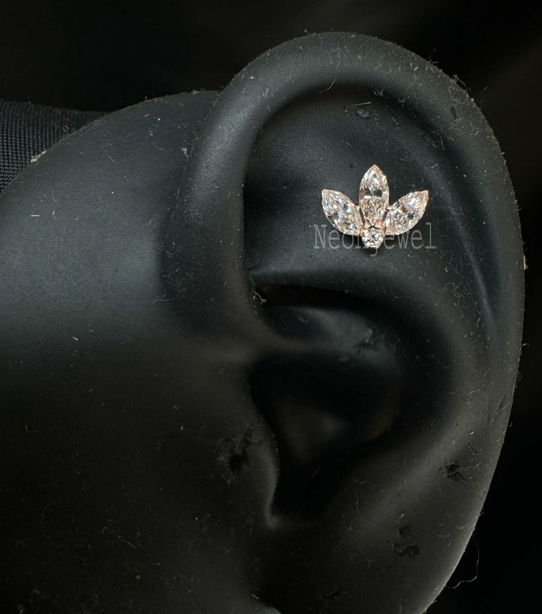 Invisible Set Diamond Lotus Stud Earring Marquise Diamond Earring Diamond Piercing For Her 10K Solid Gold Marquise Daith Stud