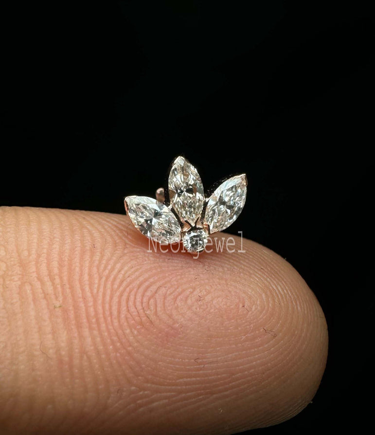Invisible Set Diamond Lotus Stud Earring Marquise Diamond Earring Diamond Piercing For Her 10K Solid Gold Marquise Daith Stud