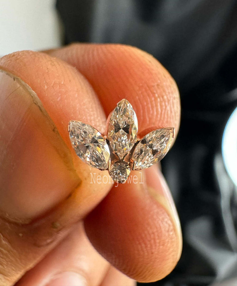 Invisible Set Diamond Lotus Stud Earring Marquise Diamond Earring Diamond Piercing For Her 10K Solid Gold Marquise Daith Stud