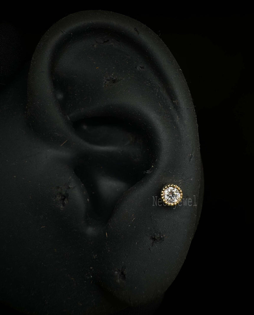 Scalloped Bezel Set 14K Gold Round Diamond Stud Piercing stud for Her Ball Flower Threaded Stud Earring, Piercing, Solitaire Tragus Earring