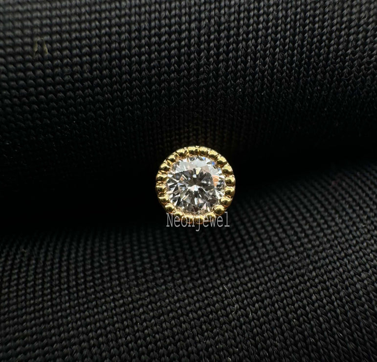 Scalloped Bezel Set 14K Gold Round Diamond Stud Piercing stud for Her Ball Flower Threaded Stud Earring, Piercing, Solitaire Tragus Earring