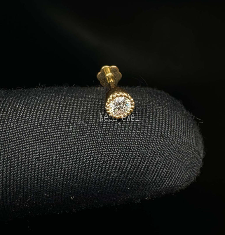 Scalloped Bezel Set 14K Gold Round Diamond Stud Piercing stud for Her Ball Flower Threaded Stud Earring, Piercing, Solitaire Tragus Earring