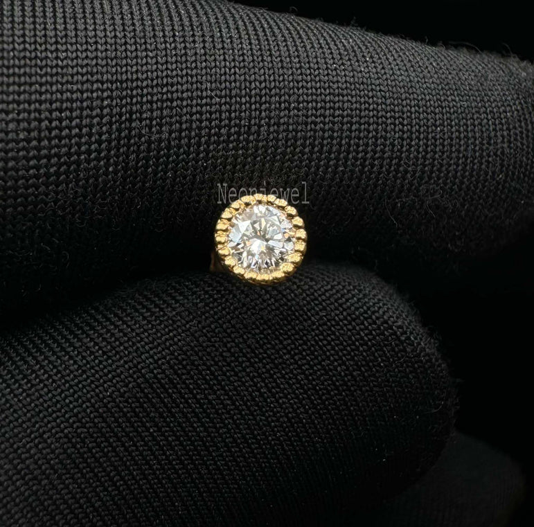 Scalloped Bezel Set 14K Gold Round Diamond Stud Piercing stud for Her Ball Flower Threaded Stud Earring, Piercing, Solitaire Tragus Earring