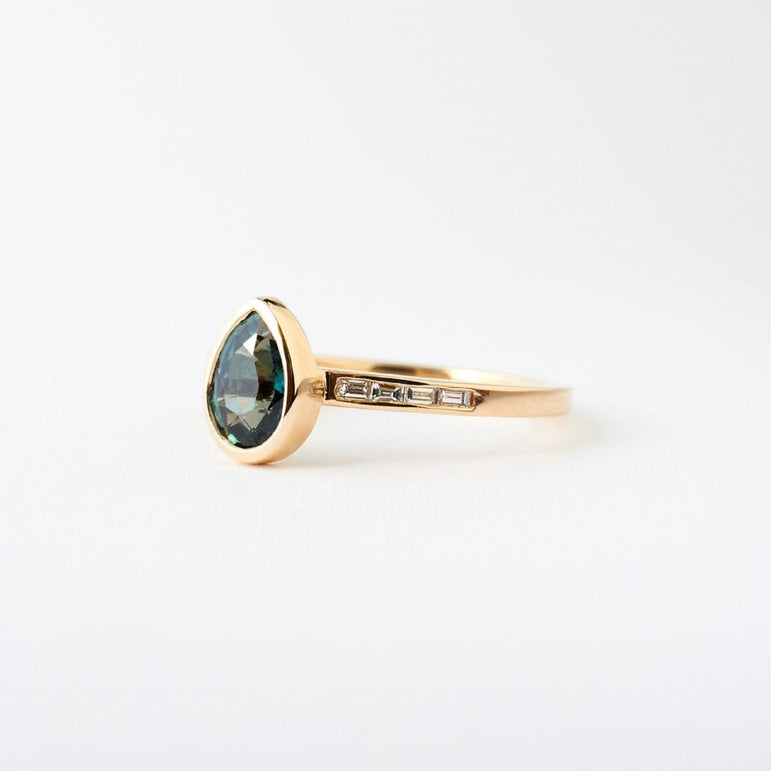 Peacock Blue Pear Moissanite Engagement Ring Dainty Baguette Side Moissanite Ring