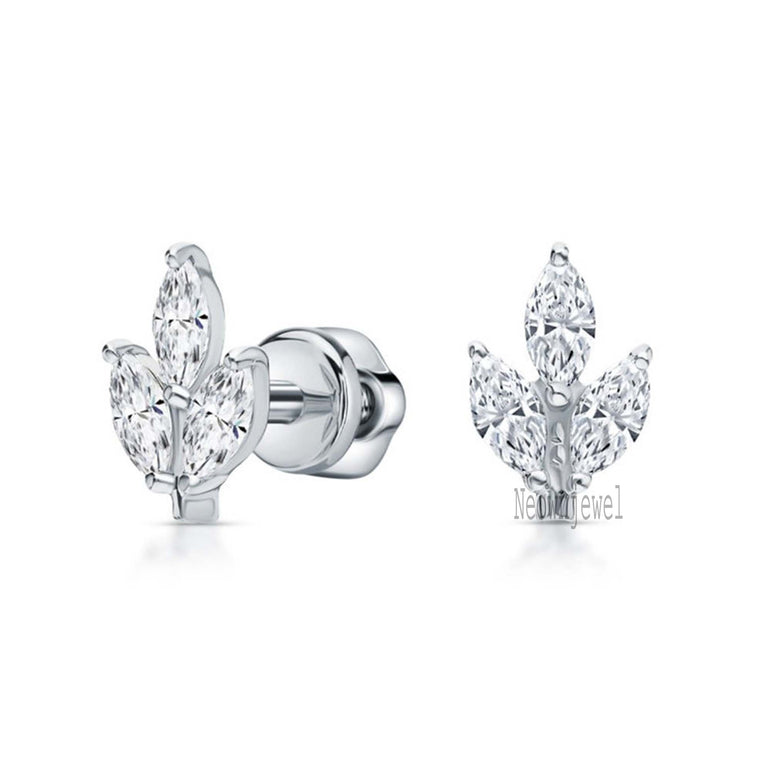 Three Leaf Diamond Stud, 14k Solid Gold Cluster Helix Piercing Marquise Diamond Stud