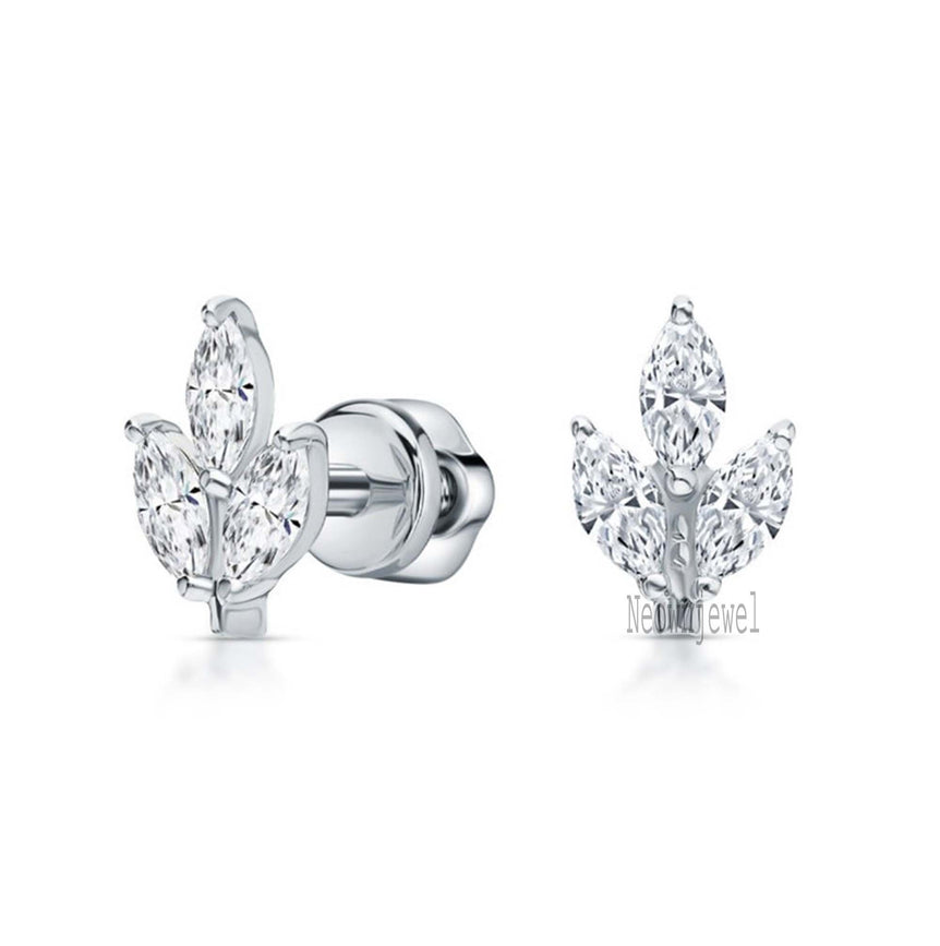 Three Leaf Diamond Stud, 14k Solid Gold Cluster Helix Piercing Marquise Diamond Stud
