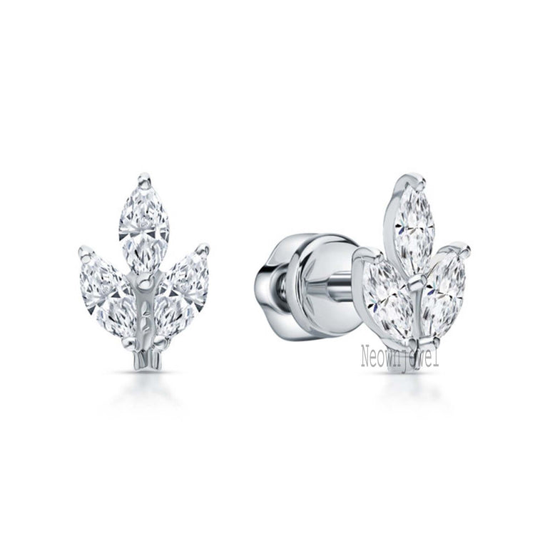 Three Leaf Diamond Stud, 14k Solid Gold Cluster Helix Piercing Marquise Diamond Stud