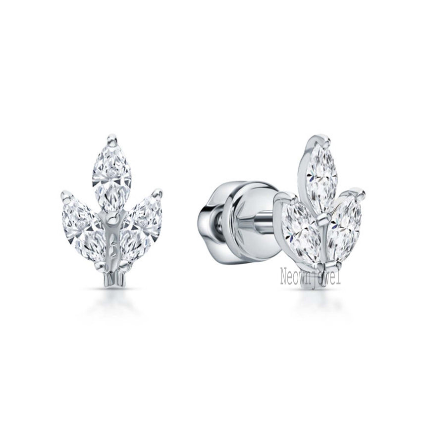 Three Leaf Diamond Stud, 14k Solid Gold Cluster Helix Piercing Marquise Diamond Stud