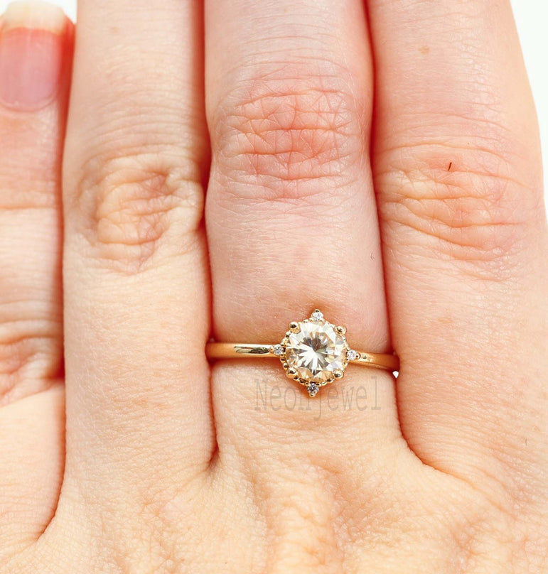 1.50 Ct Round Moissanite Cluster Wedding Ring 14K Solid Yellow Gold