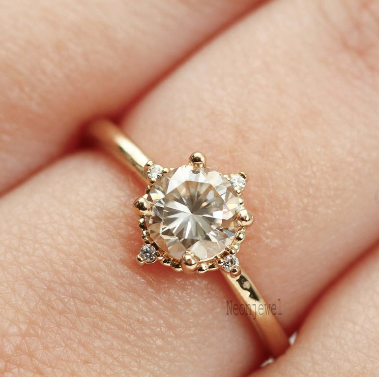 1.50 Ct Round Moissanite Cluster Wedding Ring 14K Solid Yellow Gold