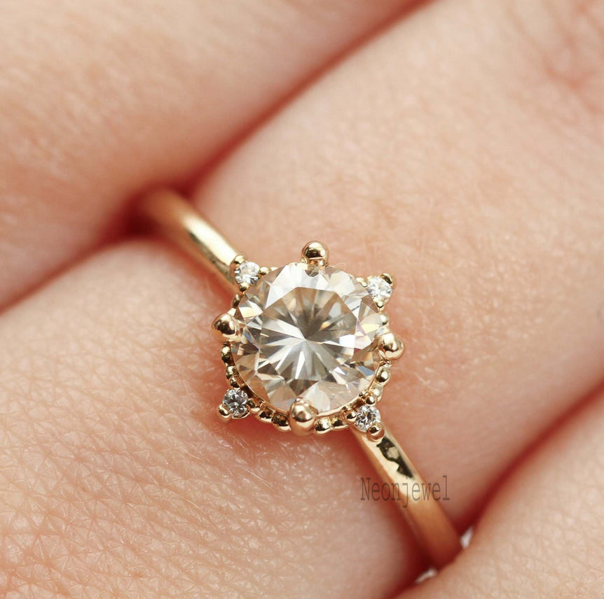 1.50 Ct Round Moissanite Cluster Wedding Ring 14K Solid Yellow Gold